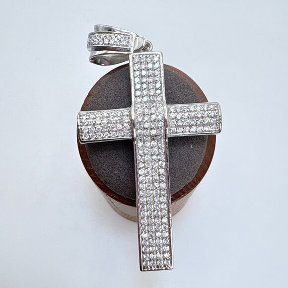 VTG Solid Sterling Silver 925 Cubic Zirconia Cross Pendant Size 3.5" Length - Picture 1 of 11